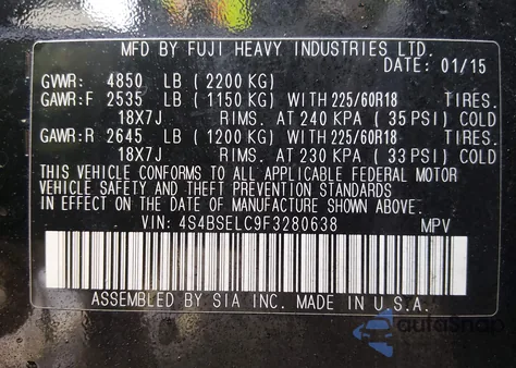 2015 Subaru Outback 3.6R Limited from USA, damaged, VIN 4S4BSELC9F3280638